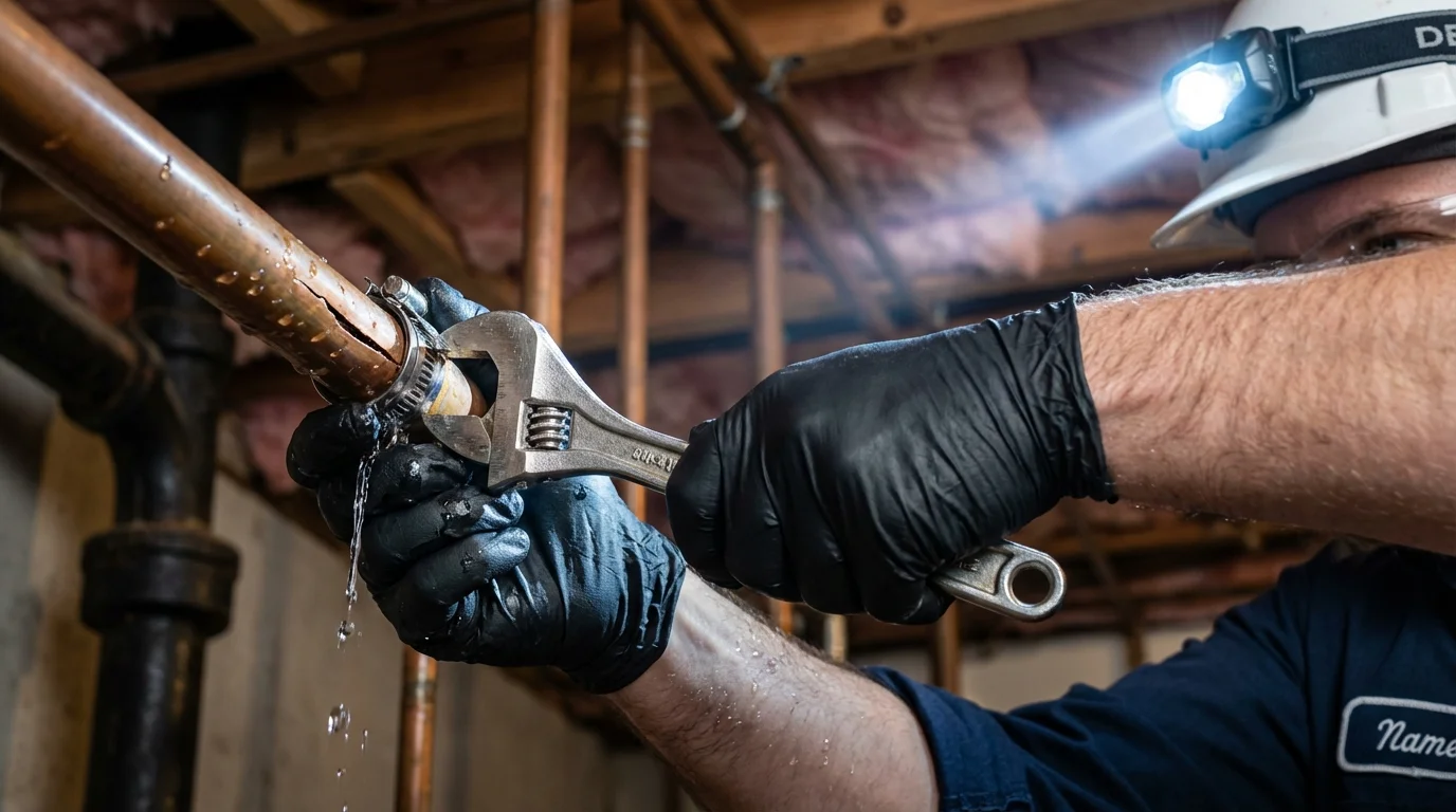 Emergency pipe clamp repair being performed by a Johns Plumbing LLC plumber in Suffolk