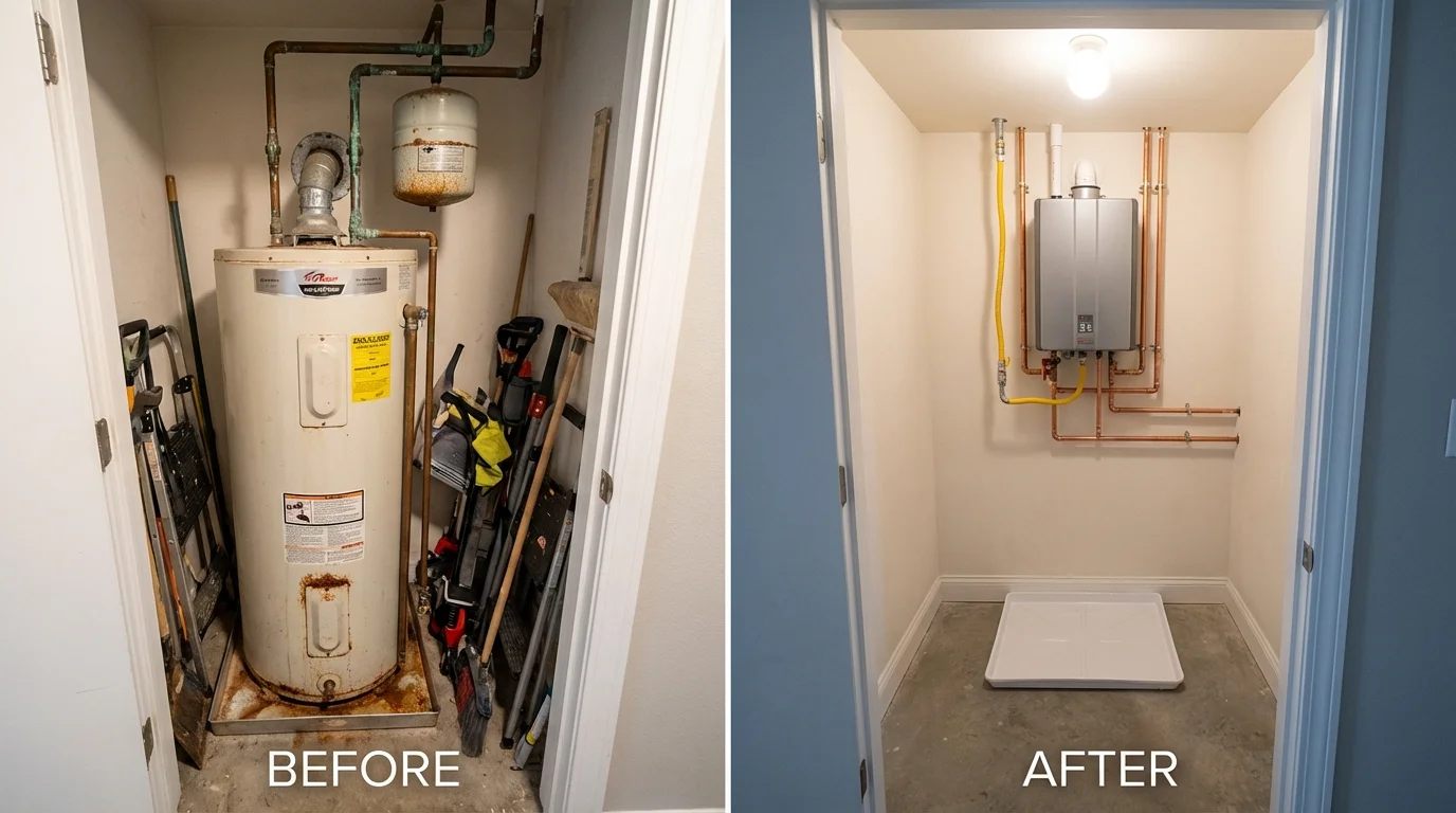Tank water heater versus wall-mounted tankless unit comparison for Suffolk, VA homeowners