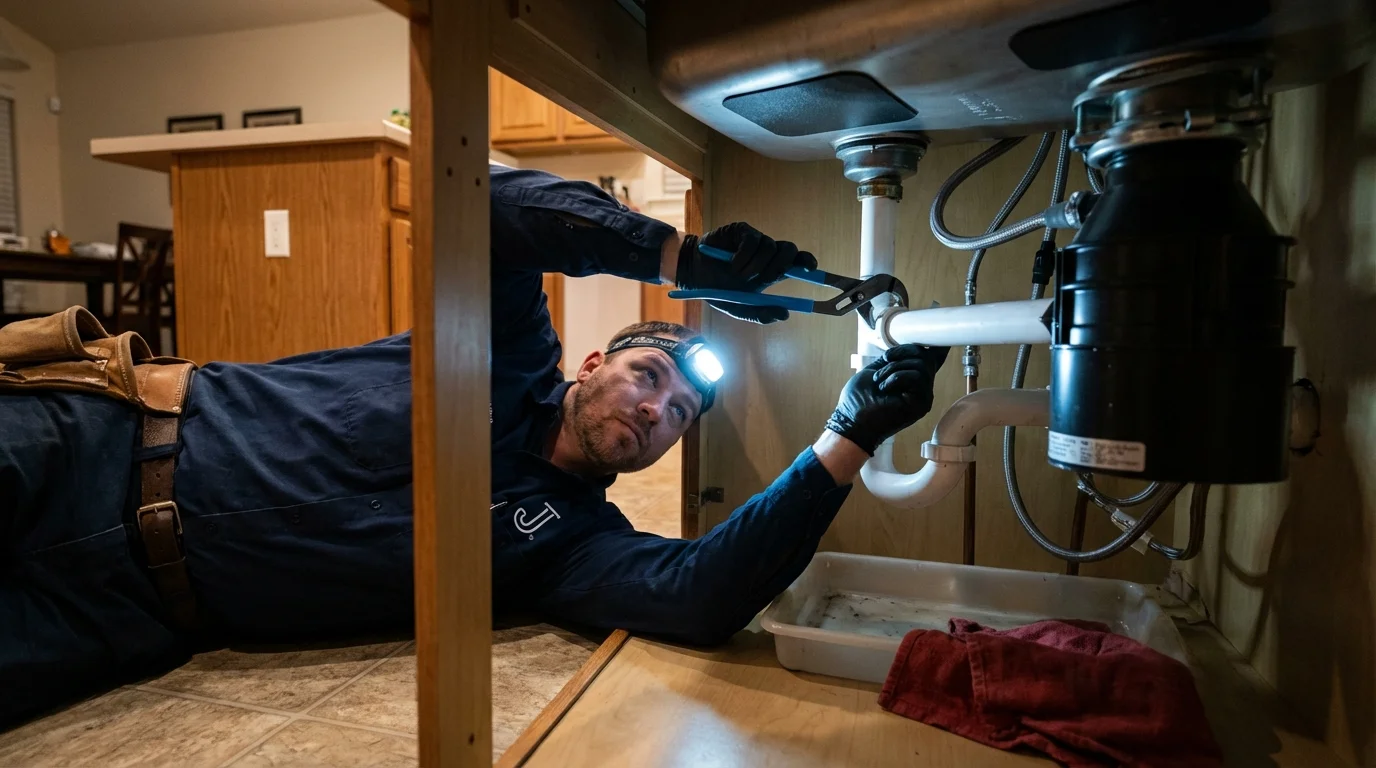 P-trap and supply line connections under a kitchen sink showing a common leak point in Suffolk, VA